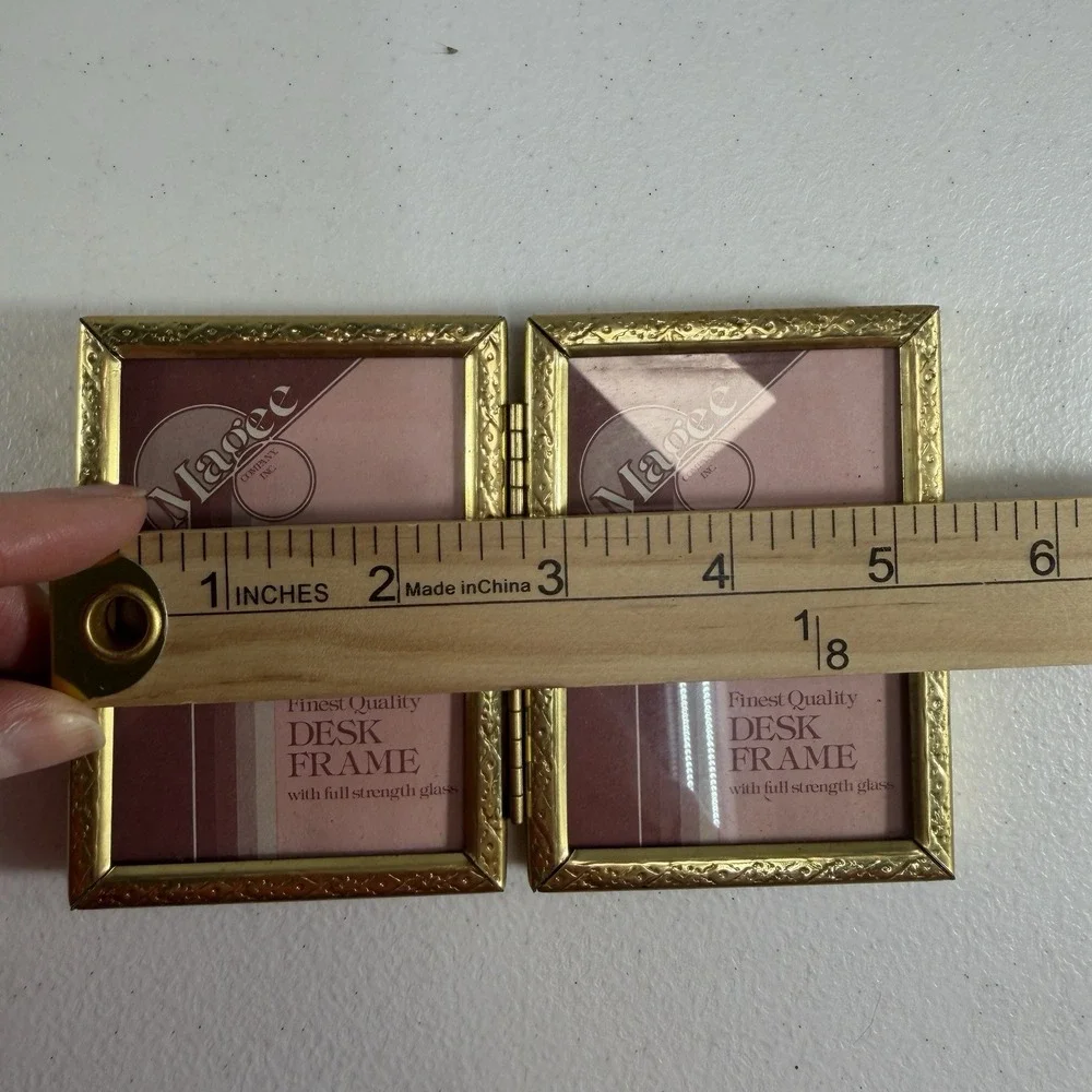 Vintage Magee Folding Brass Ornate Standing Double Picture Photo Frame 2.5 X 3.5
